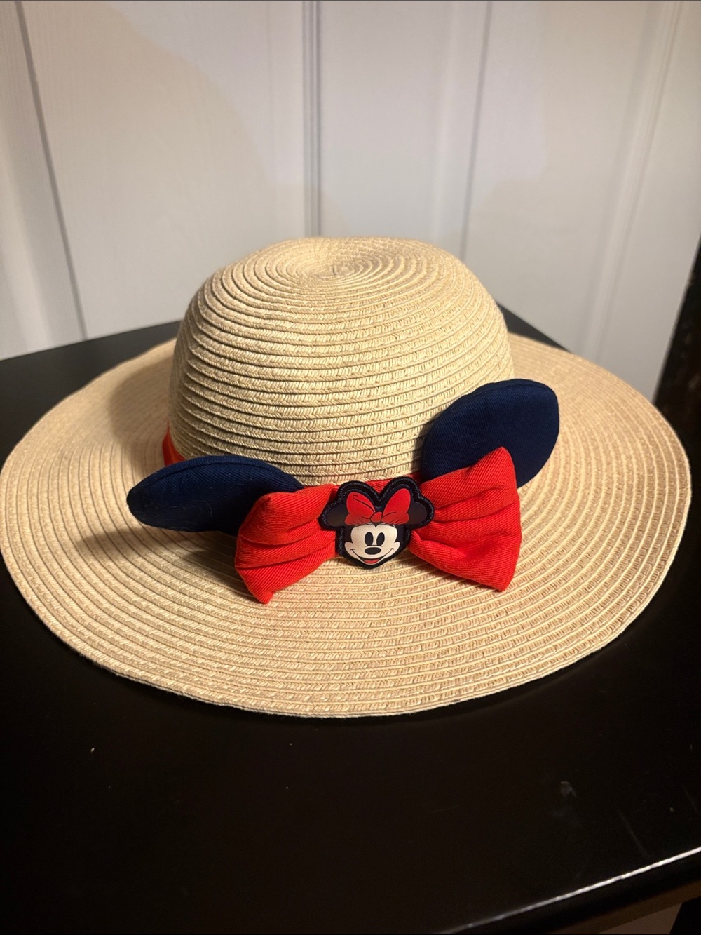 Disney Tan Sun Hat with Minnie Mouse, Blue Ears and Red Bow Velcro chin strap